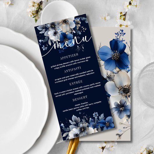 Elegant Navy Blue and Silver Floral Wedding Menu  Menükarte