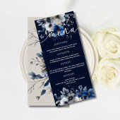 Elegant Navy Blue and Silver Floral Wedding Menu  Menükarte