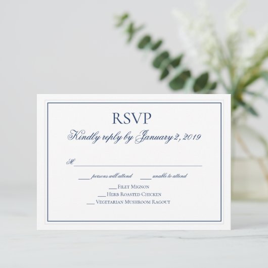 Elegant Navy Blue and White Wedding RSVP (Stehend Vorderseite)