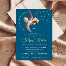 Elegant Navy Blue Angel Cross Religiöse Taufe Folieneinladung