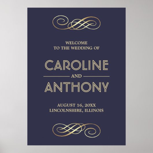 Elegant Navy Blue | Begrüßungszeichen für Gold Poster (Vorne)