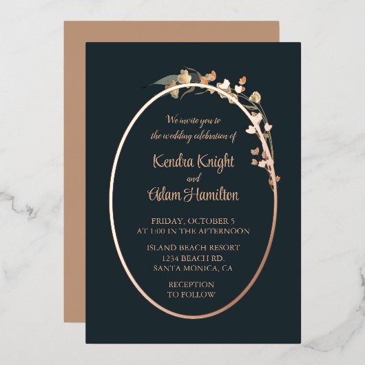 Elegant Navy Blue Beige Wildblume Floral Folieneinladung (Vorderseite/Rückseite)