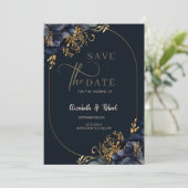 Elegant Navy Blue Blumen Save the Date (Stehend Vorderseite)