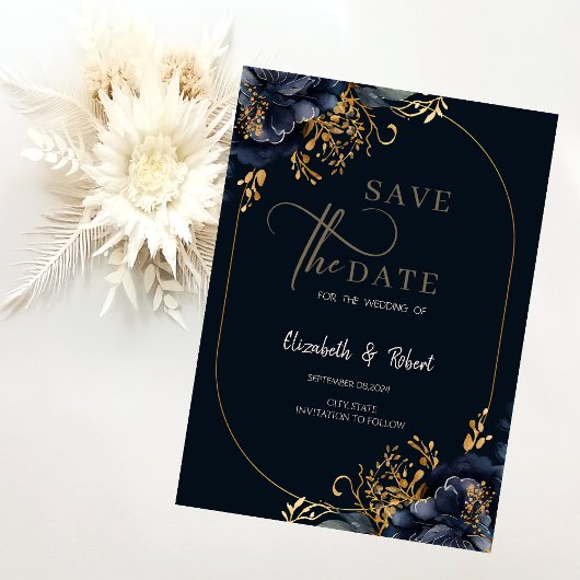 Elegant Navy Blue Blumen Save the Date