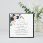 Elegant Navy Blue Blush Pink Floral Heilige Kommun Einladung (Stehend Vorderseite)