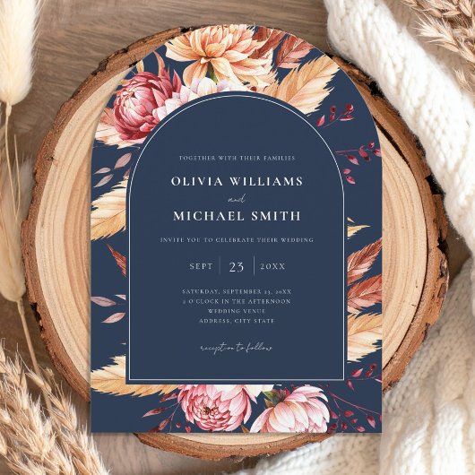 Elegant Navy Blue Boho Chic Floral Wedding Einladung