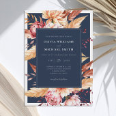 Elegant Navy Blue Boho Chic Floral Wedding Einladung
