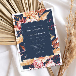 Elegant Navy Blue Boho Chic Floral Wedding Einladung