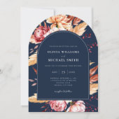 Elegant Navy Blue Boho Chic Floral Wedding Einladung (Vorderseite)