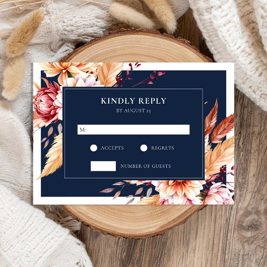 Elegant Navy Blue Boho Chic Floral Wedding RSVP Karte