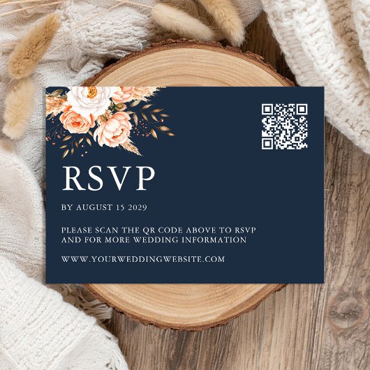Elegant Navy Blue Boho Chic Floral Wedding RSVP Karte