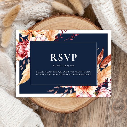 Elegant Navy Blue Boho Chic Floral Wedding RSVP Karte