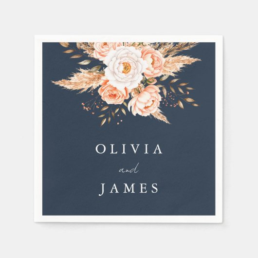 Elegant Navy Blue Boho Chic Floral Wedding Serviette (Vorderseite)