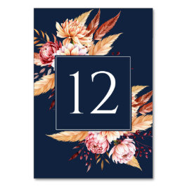 Elegant Navy Blue Boho Floral Wedding Tischnummer