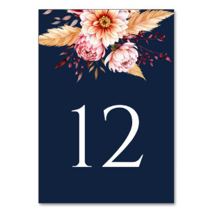 Elegant Navy Blue Boho Floral Wedding Tischnummer