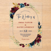 Elegant Navy Blue Bordeaux Blumenhochzeit Acryleinladungen (Vorderseite)