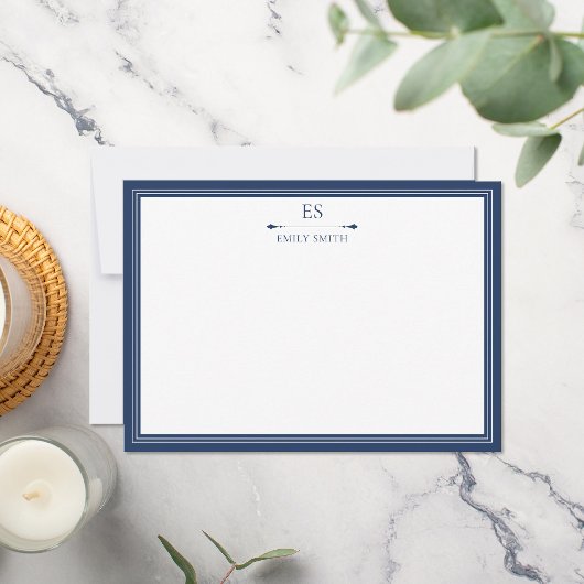 Elegant Navy Blue Border Monogram Mitteilungskarte