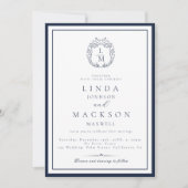 Elegant Navy Blue botanical crest monogram wedding Einladung (Vorderseite)