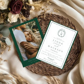 Elegant Navy Blue botanical crest monogram wedding Einladung