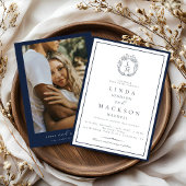 Elegant Navy Blue botanical crest monogram wedding Einladung