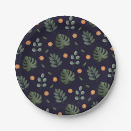 Elegant Navy Blue Botanical Floral Leaf  Pappteller