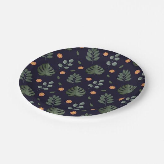 Elegant Navy Blue Botanical Floral Leaf Pappteller (Schrägansicht)
