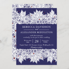 Elegant Navy Blue Botanical Wedding Einladung