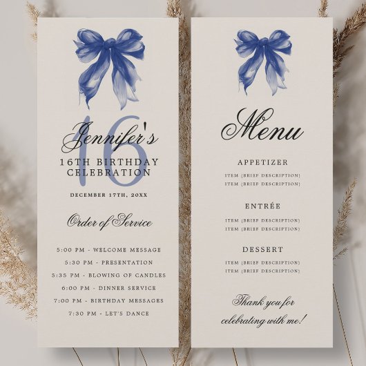 Elegant Navy Blue Bow 16th Birthday Program Menu Einladung