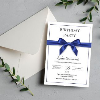 Elegant Navy Blue Bow Birthday Einladung
