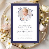 Elegant Navy Blue Bow Photo Baptism Einladung