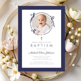 Elegant Navy Blue Bow Photo Baptism Einladung