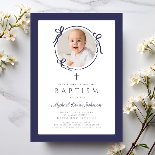 Elegant Navy Blue Bow Photo Baptism Einladung