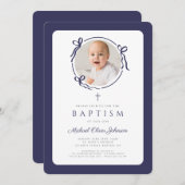 Elegant Navy Blue Bow Photo Boy Baptism Einladung (Vorne/Hinten)