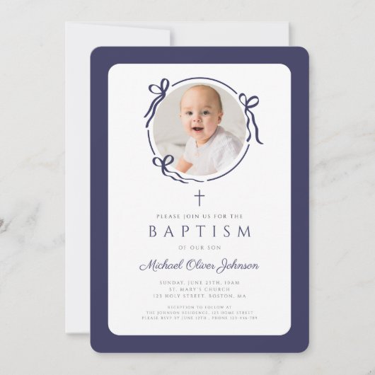 Elegant Navy Blue Bow Photo Boy Baptism Einladung (Vorderseite)