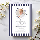 Elegant Navy Blue Bow Photo Boy Baptism Einladung