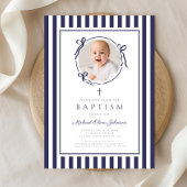 Elegant Navy Blue Bow Photo Boy Baptism Einladung