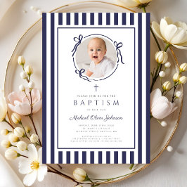 Elegant Navy Blue Bow Photo Boy Baptism Einladung