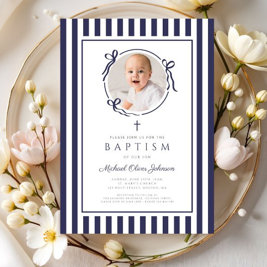 Elegant Navy Blue Bow Photo Boy Baptism Einladung