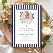 Elegant Navy Blue Bow Photo Boy Baptism Einladung