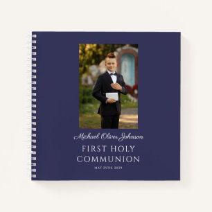 Elegant Navy Blue Boy First Communion Guestbook Notizblock