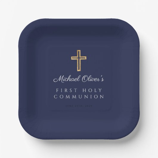 Elegant Navy Blue Boy First Communion Pappteller (Vorderseite)
