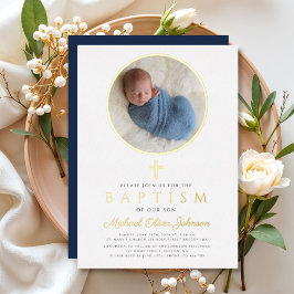 Elegant Navy Blue Boy Religious Foto Taufe Gold Folieneinladung