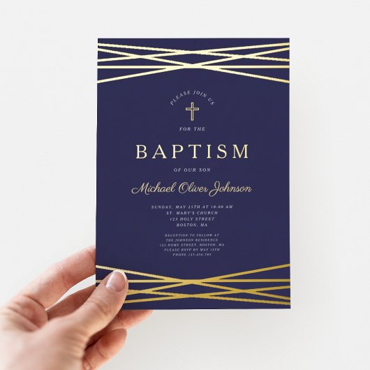 Elegant Navy Blue Boy Taufen Gold Folieneinladung