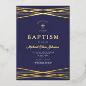 Elegant Navy Blue Boy Taufen Gold Folieneinladung (Vorderseite)