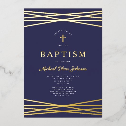 Elegant Navy Blue Boy Taufen Gold Folieneinladung (Vorderseite)