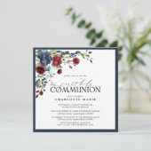 Elegant Navy Blue Burgundy Erste Heilige Kommune Einladung (Stehend Vorderseite)