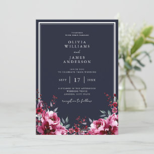 Elegant Navy Blue Burgundy Floral Wedding Einladung
