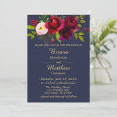 Elegant Navy Blue Burgundy Floral Wedding Einladung (Stehend Vorderseite)