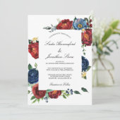 Elegant Navy Blue Burgundy Red Floral Wedding Einladung (Stehend Vorderseite)