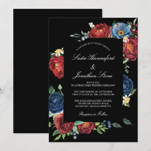 Elegant Navy Blue Burgundy Red Floral Wedding Invi Einladung